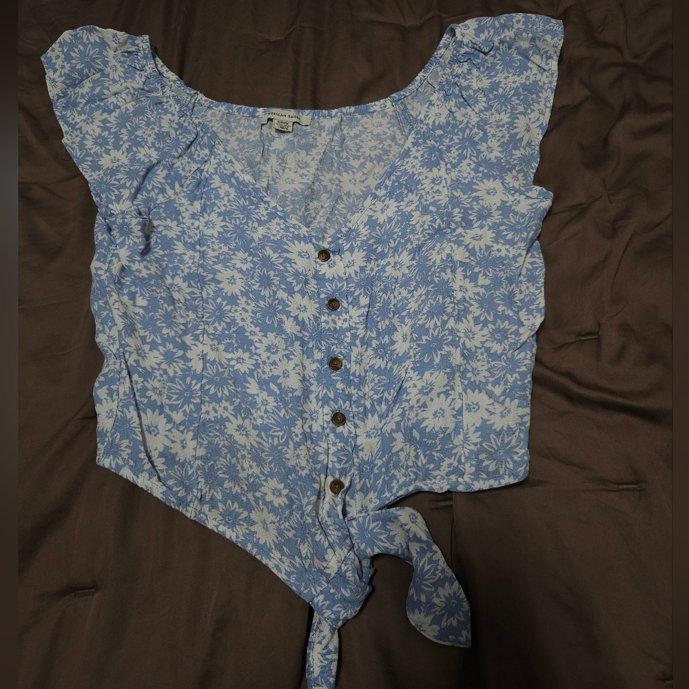 Floral Blue Button-Up Women Top